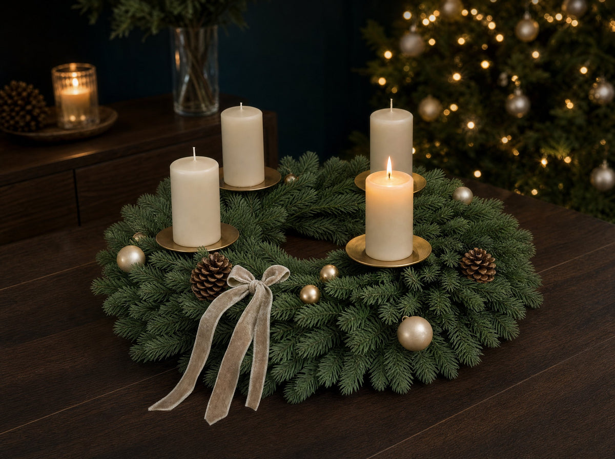 Weihnachtskranz als Adventskranz mit vier Kerzen auf Messing-Kerzentellern