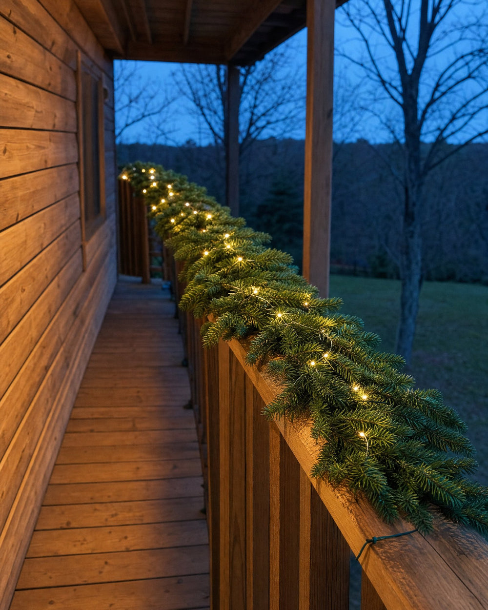 Beleuchtete Weihnachtsgirlande am Geländer einer überdachten Veranda