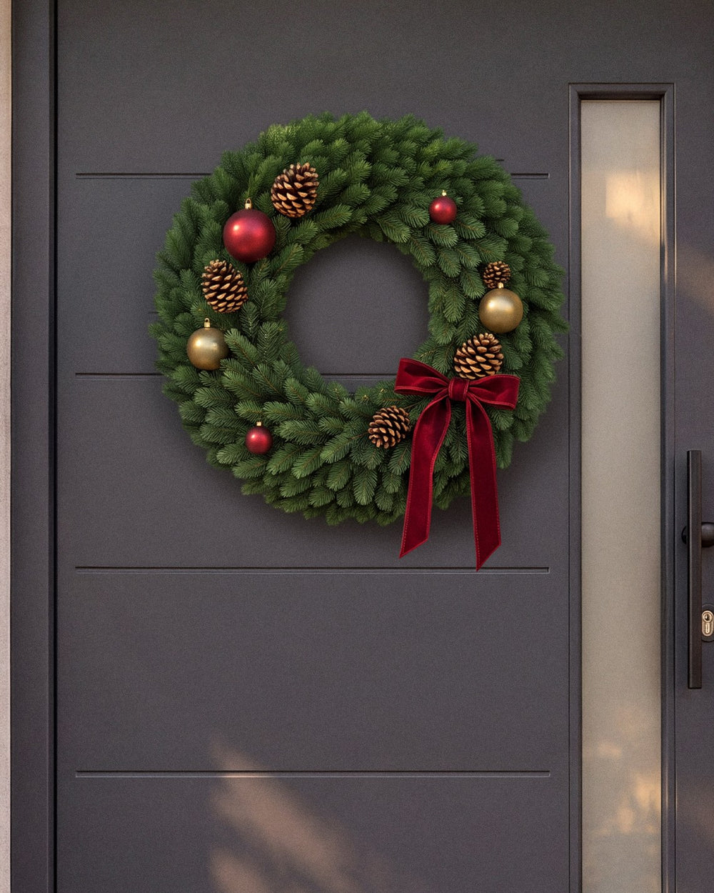 Geschmückter Weihnachtskranz an einer grauen Haustür