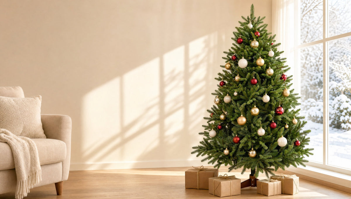 Geschmückter künstlicher Weihnachtsbaum aus PE-Spritzguss mit Holzständer in einem hellen, sonnigen Wohnzimmer, Geschenke in Packpapier