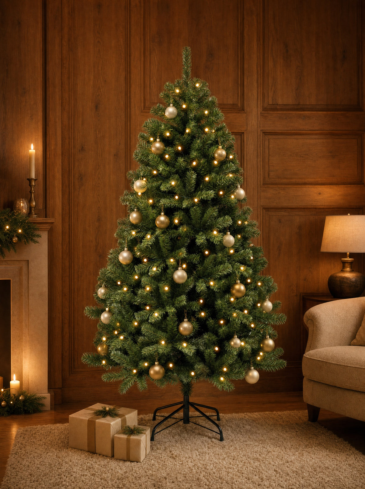 Beleuchteter Weihnachtsbaum aus PVC am Abend vor Holzvertäfelung