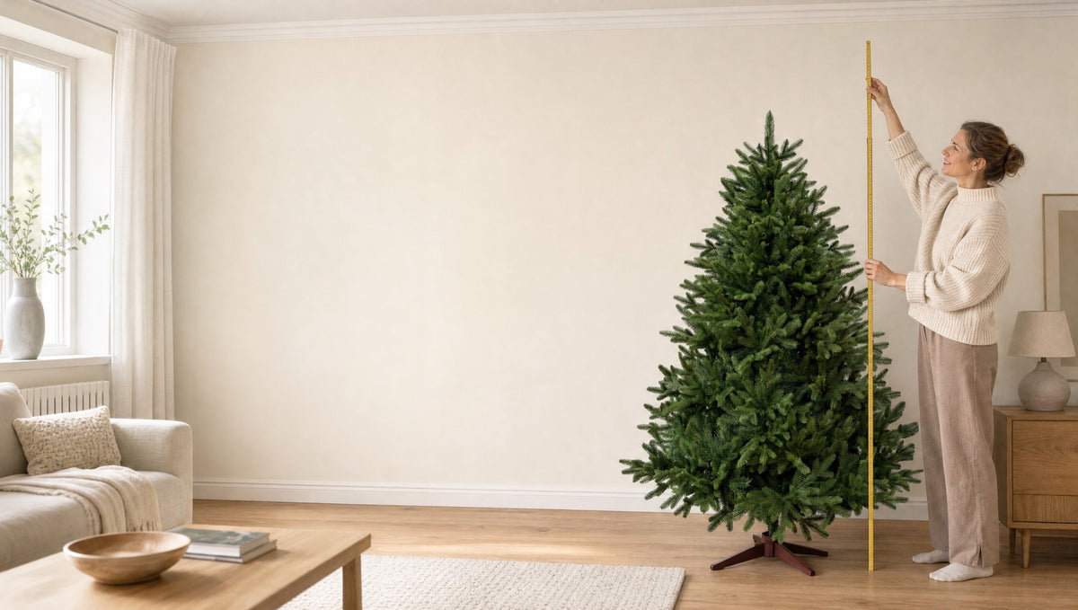 Frau misst die Raumhöhe neben einem künstlichen Weihnachtsbaum